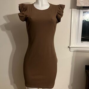 Ruffle Cap-Sleeve Mini Dress in Brown Junior Large
